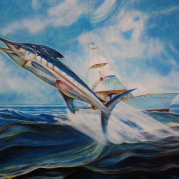 Pittura intitolato "Pêche au marlin" da Xavier De Lacaze, Opera d'arte originale