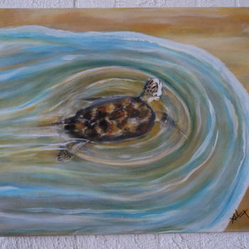 Painting titled "Tortue sur le rivage" by Xavier De Lacaze, Original Artwork