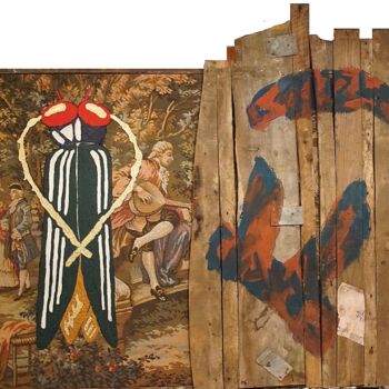 Collages getiteld "Monologue intérieur…" door Xavier Debeerst, Origineel Kunstwerk, Olie Gemonteerd op Frame voor houten bra…