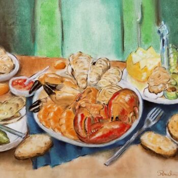 Drawing titled "La table sans coute…" by Xavier Pinchon, Original Artwork, Pastel Mounted on Wood Stretcher frame