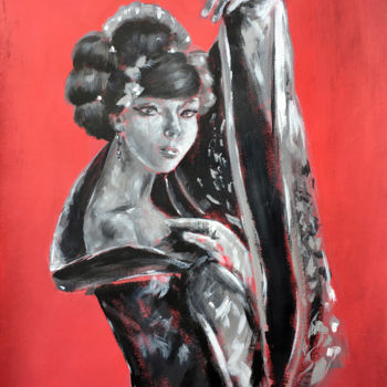 Peinture intitulée "RED MOON - woman po…" par Ksenia Lutsenko, Œuvre d'art originale, Acrylique