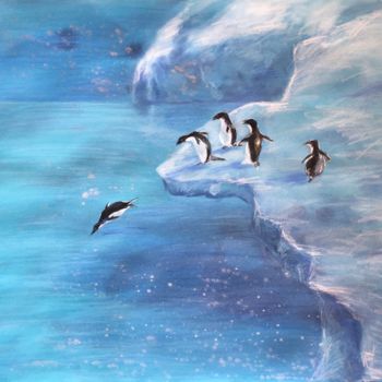 Peinture intitulée "COOL BATH - penguin…" par Ksenia Lutsenko, Œuvre d'art originale, Aquarelle
