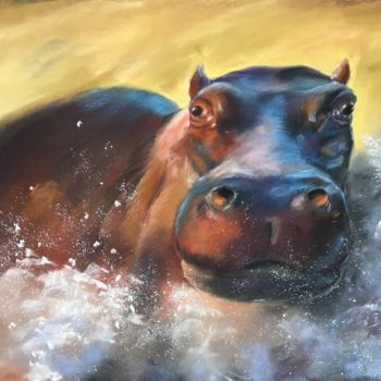 Desenho intitulada "Hippo bath - wildli…" por Ksenia Lutsenko, Obras de arte originais, Pastel