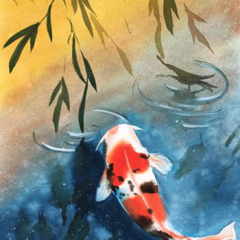 Painting titled "Autumn and koi fish…" by Ksenia Lutsenko, Original Artwork, Watercolor