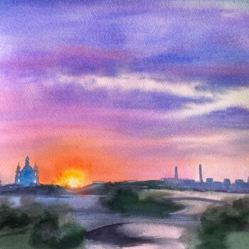 Painting titled "The sunset on the O…" by Xeyale Bedelova, Original Artwork, Watercolor