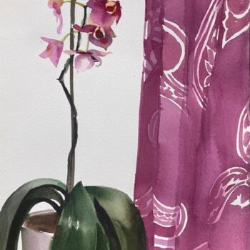 Painting titled "orchid with a scarf" by Xeyale Bedelova, Original Artwork, Watercolor