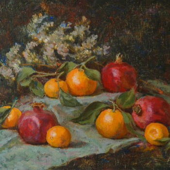Картина под названием "Гранаты и мандарины" - Анна Сорока, Подлинное произведение искусства, Масло Установлен на Деревянная…