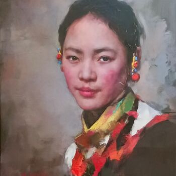 Peinture intitulée "藏族少女" par Xiao Chuan Zhang, Œuvre d'art originale, Huile