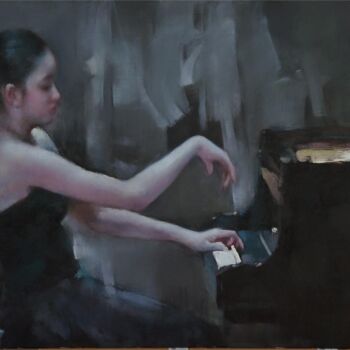 Pittura intitolato "钢琴女子" da Xiao Chuan Zhang, Opera d'arte originale, Olio