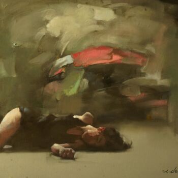 Painting titled "黑夜里的粉红" by Xiao Chuan Zhang, Original Artwork, Oil Mounted on Wood Stretcher frame
