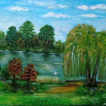 Pittura intitolato "Willow trees by the…" da Xiaomei Li, Opera d'arte originale, Acrilico Montato su Telaio per barella in l…
