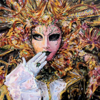 Painting titled "Golden Venetian Mask" by Xiaoning Yu, Original Artwork, Oil