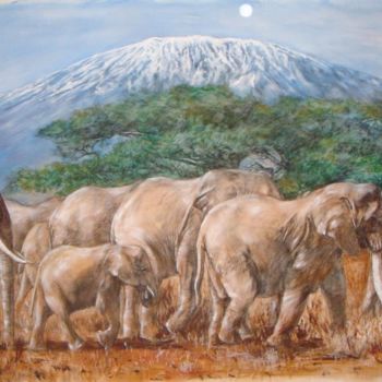 Peinture intitulée "Le troupeau d’éléph…" par Wei Mazzolini, Œuvre d'art originale, Huile
