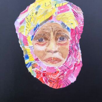 Malarstwo zatytułowany „Mon turban fleuri” autorstwa Xirkys, Oryginalna praca, Akryl Zamontowany na Drewniana rama noszy
