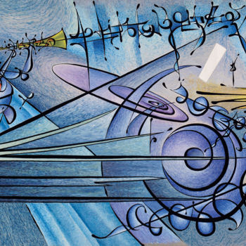 Painting titled "concerto in blu" by X.O., Original Artwork, Oil Mounted on Wood Stretcher frame