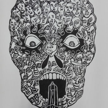 Incisioni, stampe intitolato "Gravure Tzompatli 43" da Xp, Opera d'arte originale, Incisioni su linoleum