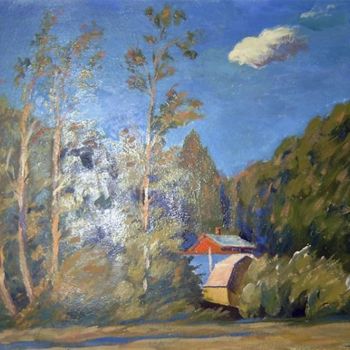 Painting titled "летний пейзаж с обл…" by Maksim Ivanov, Original Artwork