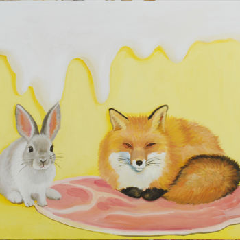 Peinture intitulée "fox and rabbit" par Zhangxuewei, Œuvre d'art originale