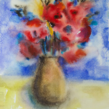 Painting titled "Bouquet of red popp…" by Yuliya Kachan, Original Artwork, Watercolor