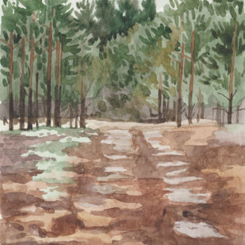 Картина под названием "Forest road" - Yuliya Kachan, Подлинное произведение искусства, Акварель