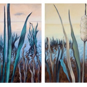 Painting titled "Cattails (diptych)" by Yuliya Kachan, Original Artwork, Oil Mounted on Wood Stretcher frame