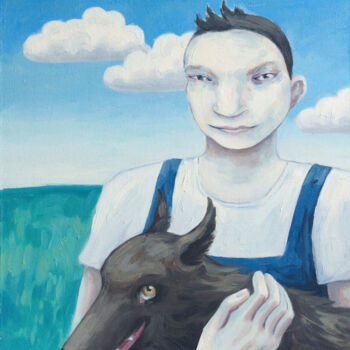 Painting titled "Boy and dog" by Yuliya Kachan, Original Artwork, Oil Mounted on Other rigid panel