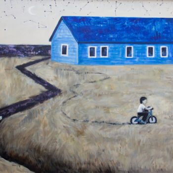 Painting titled "Blue house" by Yuliya Kachan, Original Artwork, Oil Mounted on Wood Stretcher frame