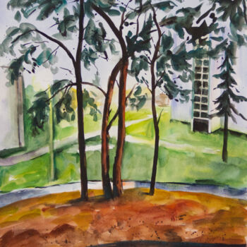 Картина под названием "Pine trees" - Yuliya Kachan, Подлинное произведение искусства, Акварель