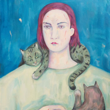 Картина под названием "Cat lover" - Yuliya Kachan, Подлинное произведение искусства, Масло Установлен на Деревянная рама для…