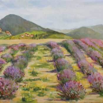 Painting titled "Lavender field" by Yana Ros, Original Artwork, Oil