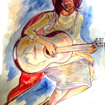 Drawing titled "jeune-femme-à-la-gu…" by Yaacov Ye'Hezkel Corda, Original Artwork, Ballpoint pen