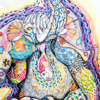 Рисунок под названием "Eléphant" - Yaël Moon, Подлинное произведение искусства, Цветные карандаши
