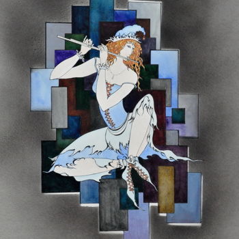 Malerei mit dem Titel "The flutist" von Svitlana Yatsenko, Original-Kunstwerk, Aquarell