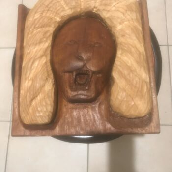 Sculpture titled "tête de lion" by Yakquiri, Original Artwork, Wood