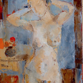 Painting titled "Nu au drap bleu" by Yan Vita, Original Artwork, Oil