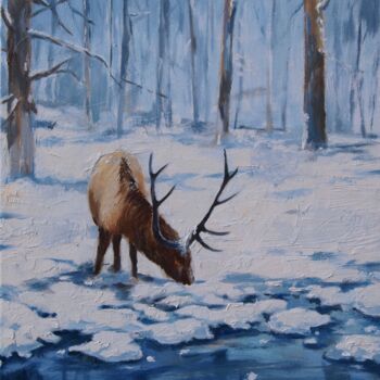 Painting titled "Cerf" by Yan Vita, Original Artwork, Oil Mounted on Wood Stretcher frame