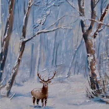 Painting titled "Cerf 2" by Yan Vita, Original Artwork, Oil Mounted on Wood Stretcher frame