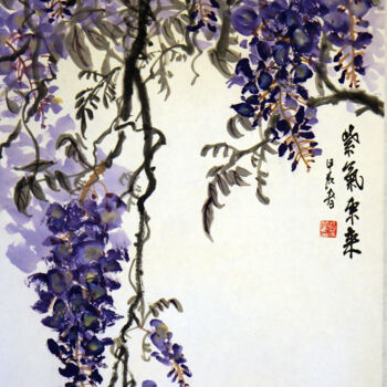 Painting titled "紫藤 紫气东来" by Yan Zi007, Original Artwork, Ink
