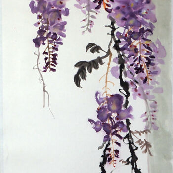 Peinture intitulée "条屏 屋檐下的紫藤" par Yan Zi007, Œuvre d'art originale, Encre