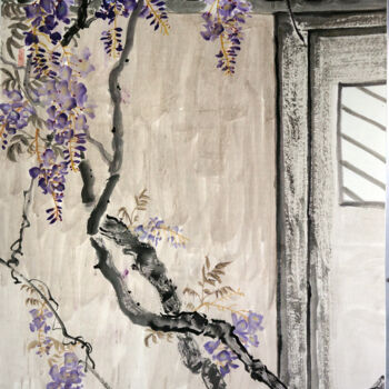 Peinture intitulée "紫藤 屋檐和门" par Yan Zi007, Œuvre d'art originale, Encre