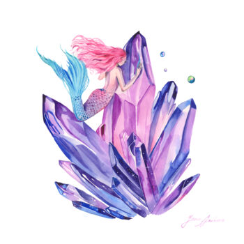 Painting titled "Mermaid and crystal…" by Yana Anikina, Original Artwork, Watercolor