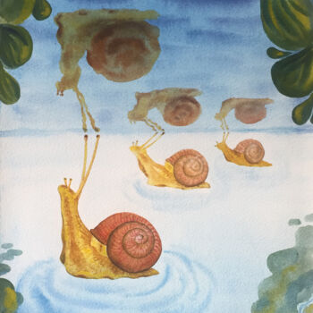 Painting titled "Snails on the lake" by Yana Bila, Original Artwork, Watercolor