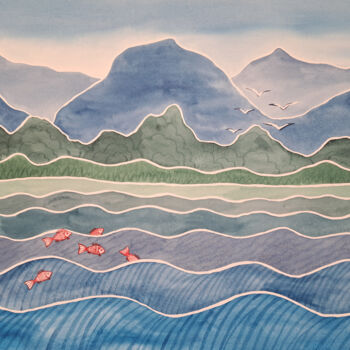 Картина под названием "Mountain Lake" - Yana Bila, Подлинное произведение искусства, Акварель