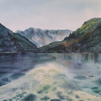 Картина под названием "Mysterious lake in…" - Yana Bila, Подлинное произведение искусства, Акварель
