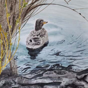 Malarstwo zatytułowany „Duck on the lake” autorstwa Yana Bila, Oryginalna praca, Akwarela
