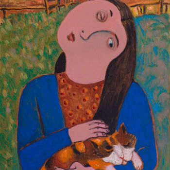 Картина под названием "Автопортрет с кошко…" - Яна Ческидова, Подлинное произведение искусства, Масло