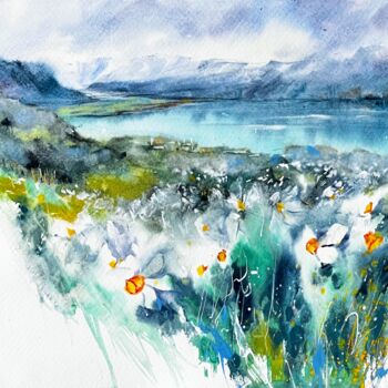 Painting titled "Fields of Daffodils…" by Yana Ivannikova, Original Artwork, Watercolor