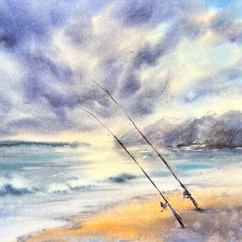 Painting titled "Fishing Rods in the…" by Yana Ivannikova, Original Artwork, Watercolor