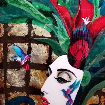 Painting titled "scarlet flower" by Yana Rafael, Original Artwork, Oil Mounted on Wood Stretcher frame