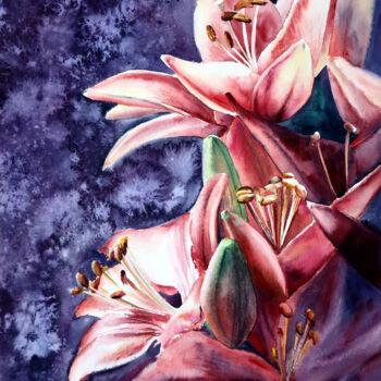 Painting titled "Lily Flowers in Wat…" by Yana Shvets, Original Artwork, Watercolor